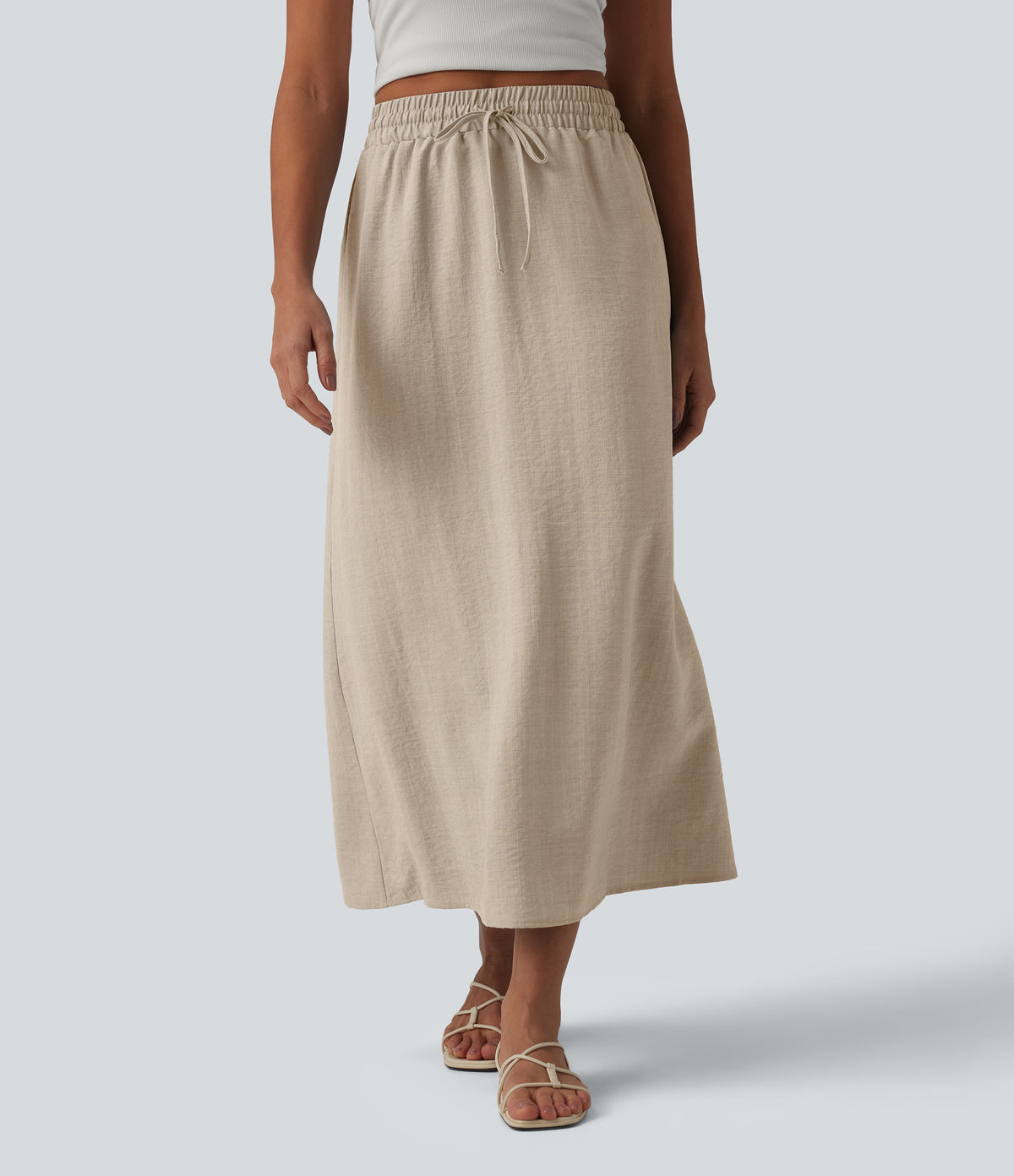 High Waisted Drawstring Maxi Linen-Feel Casual Skirt