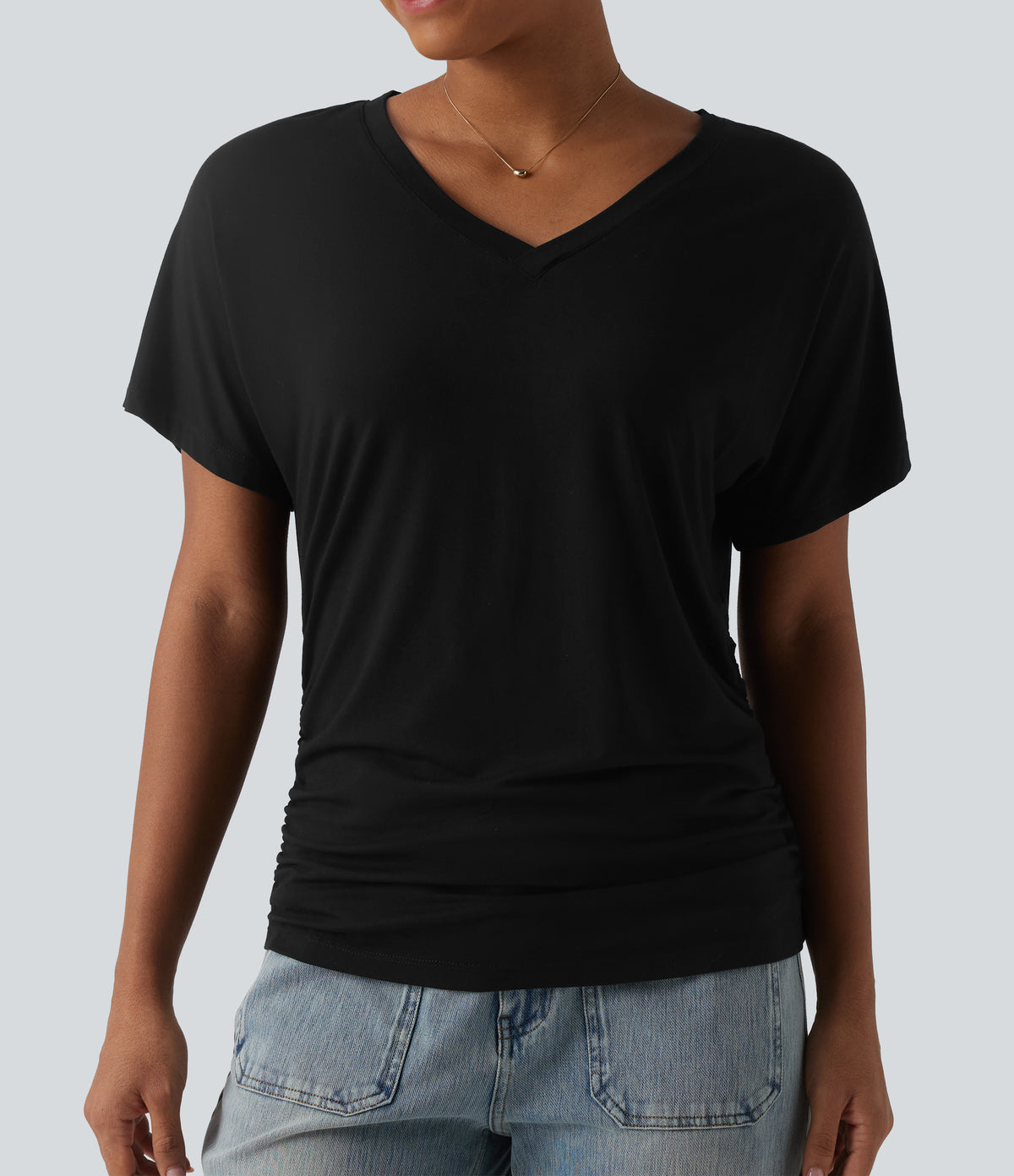 V-neck Short Sleeve Ruched Plain Casual T-Shirt