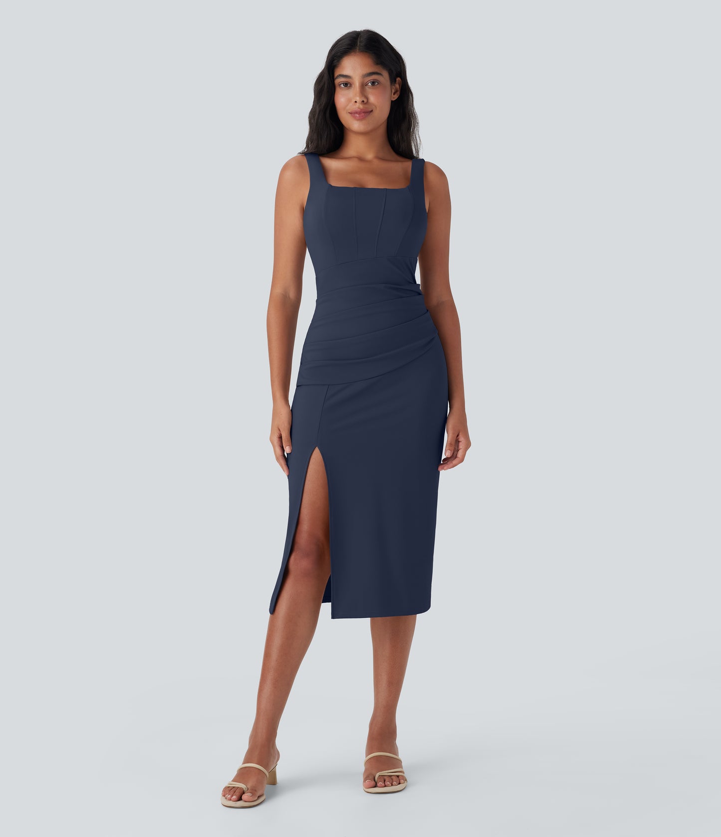 SoftlyZero™ Airy Square Neck Corset Ruched Bodycon Midi InstantCool Dress DD-F Cups