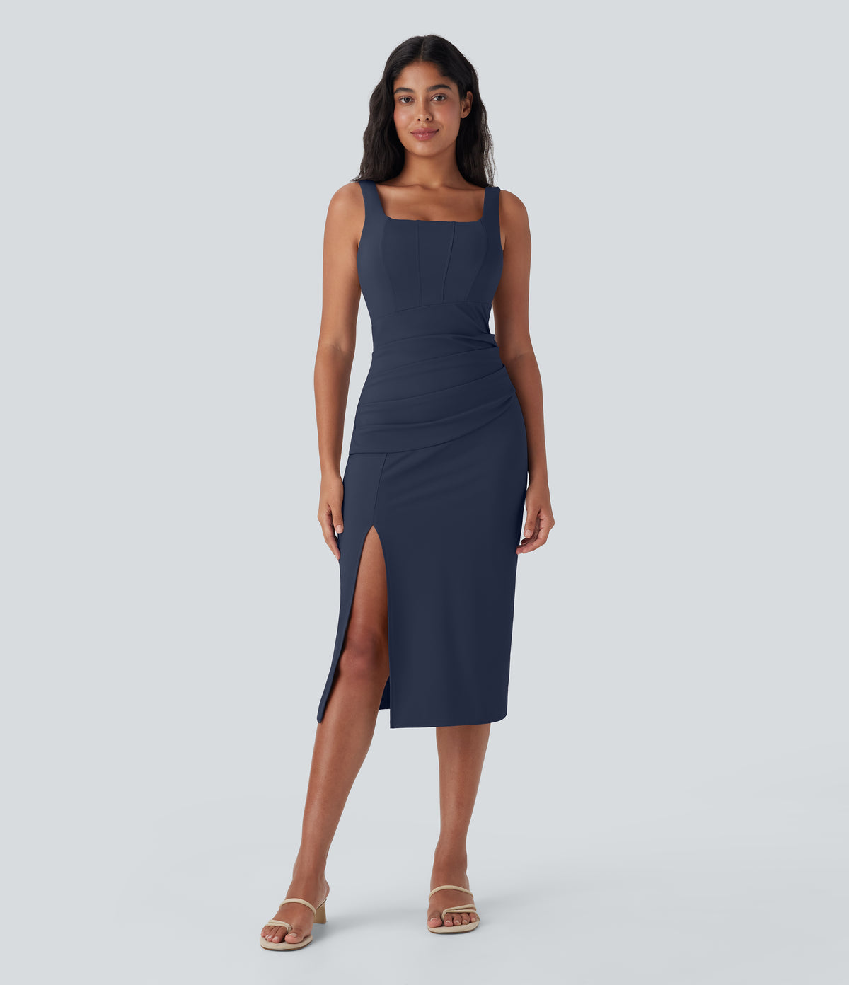 SoftlyZero™ Airy Square Neck Corset Ruched Bodycon Midi InstantCool Dress DD-F Cups