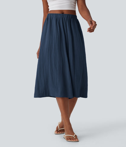 Mid Rise Wide Leg Flowy Linen-Feel Pants with Pocket