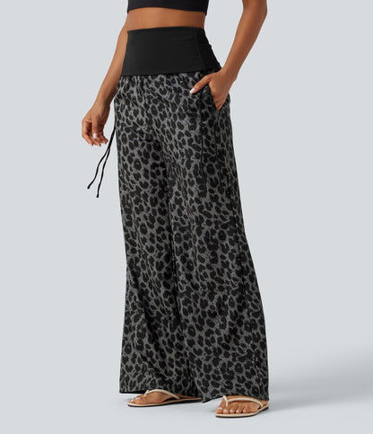 Foldover High Waisted Ruched Drawstring Baggy Leopard Print Casual Pants with Pockets