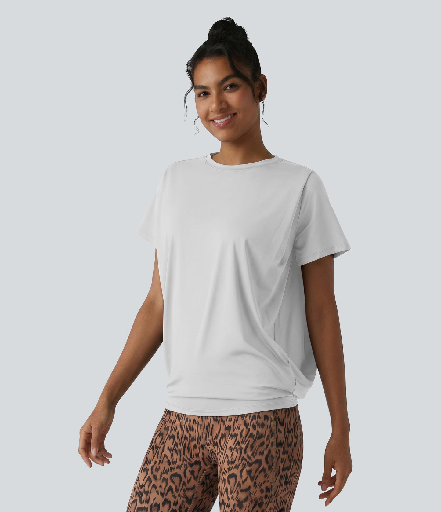 Round Neck Short Sleeve Ruched Cool Touch Yoga Sports Top-UPF50+