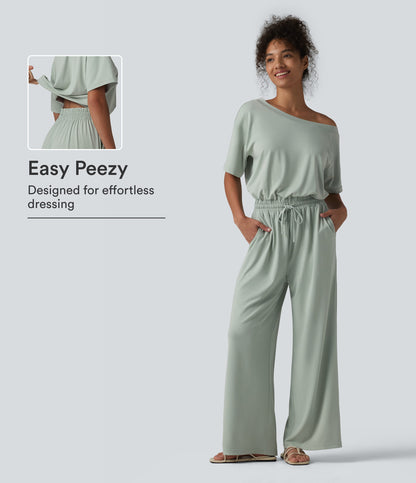 Boat Neck Short Sleeve Drawstring Baggy Casual Jumpsuit with Pockets-Easy Peezy Edition