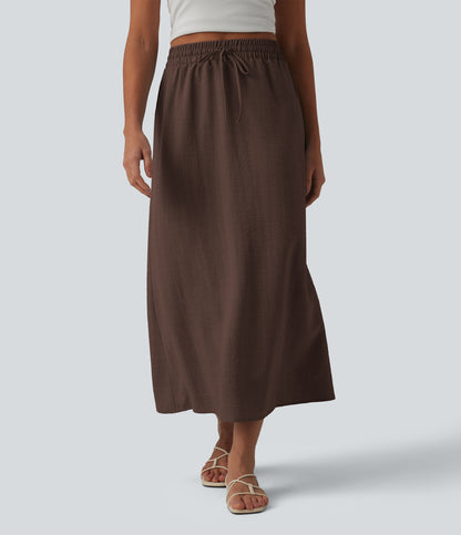 High Waisted Drawstring Maxi Linen-Feel Casual Skirt