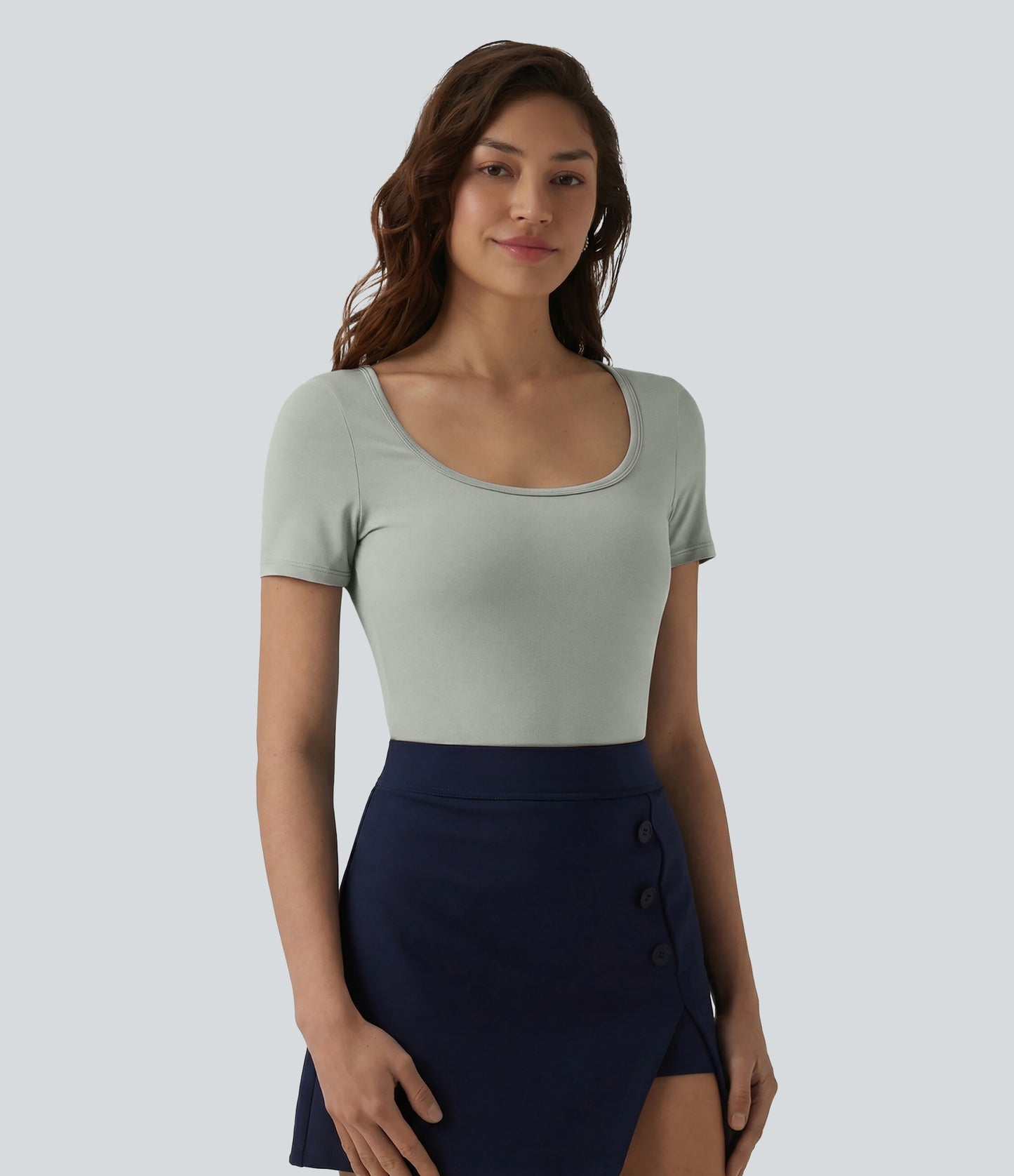 U Neck Short Sleeve Snap Skinny Work Bodysuit
