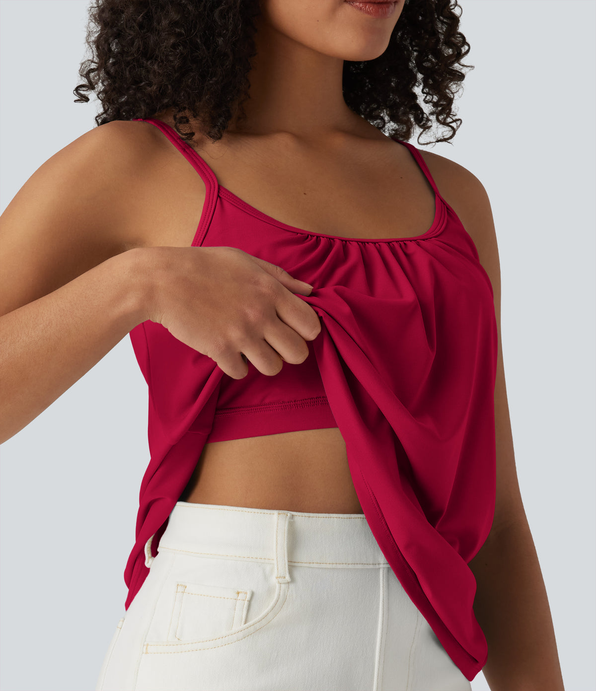 Adjustable Straps Ruched 2-in-1 Built-in Bra Casual Cami Top