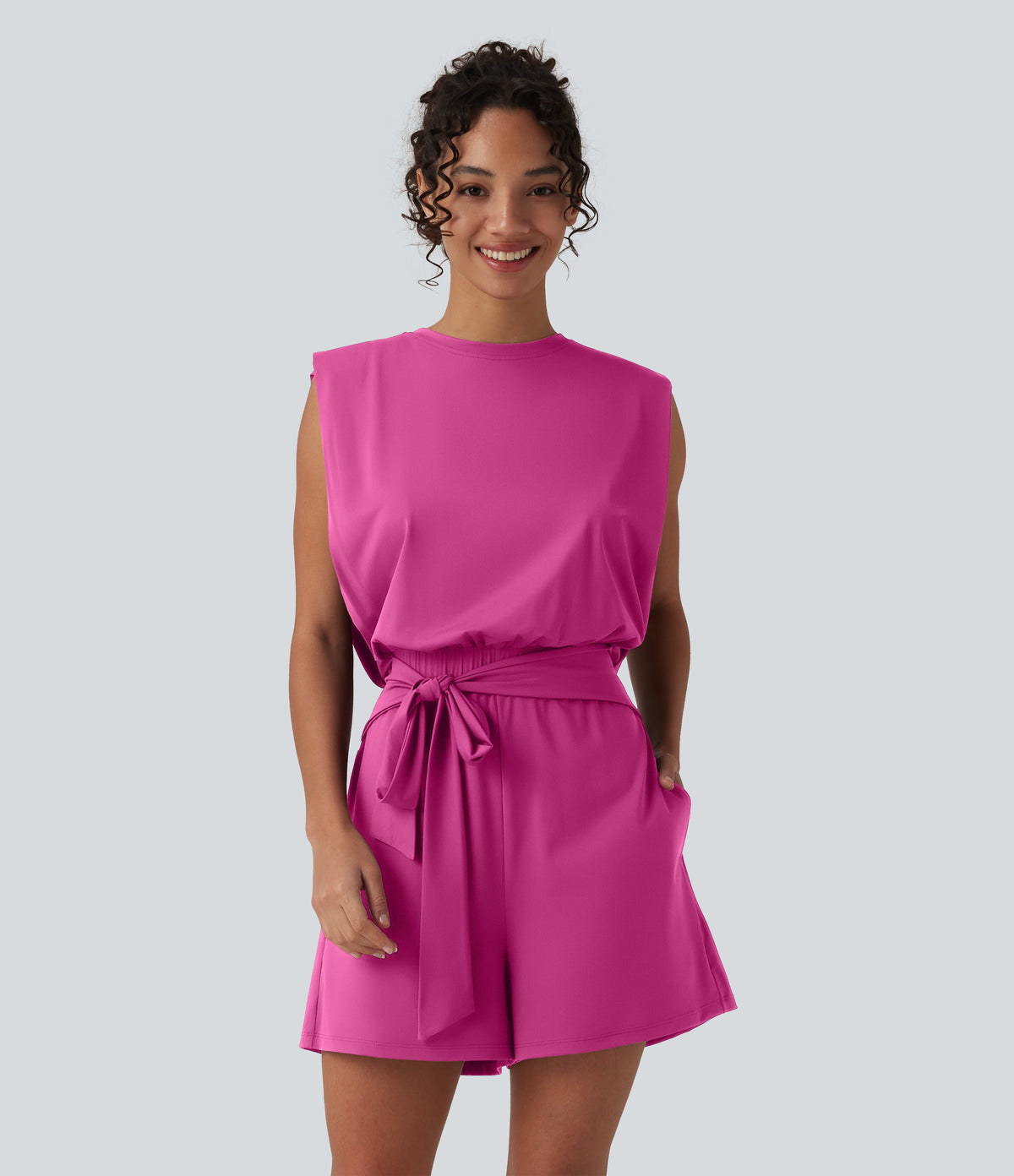 Round Neck Sleeveless Tie-front Cool Touch Casual Romper with Pockets-Easy Peezy-UPF50+