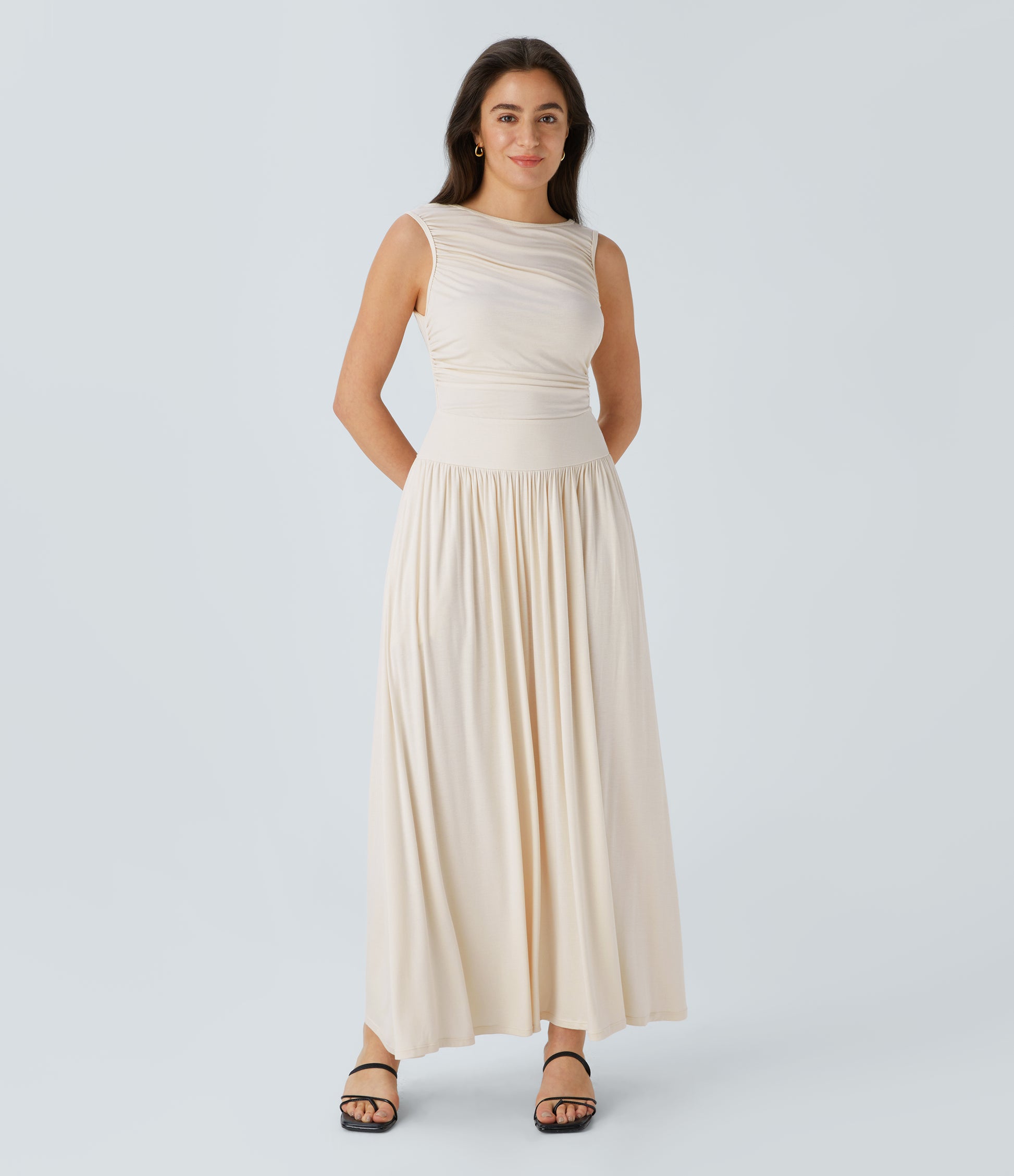 Ribbed Boat Neck Asymmetric Strap Ruched Pocket Flowy Maxi Casual Dress