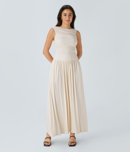Ribbed Boat Neck Asymmetric Strap Ruched Pocket Flowy Maxi Casual Dress