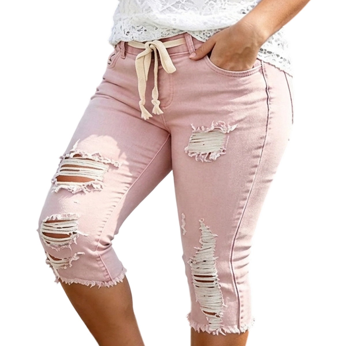 Women's Plus Size Distressed Ripped High-Waisted Capri Jeans
