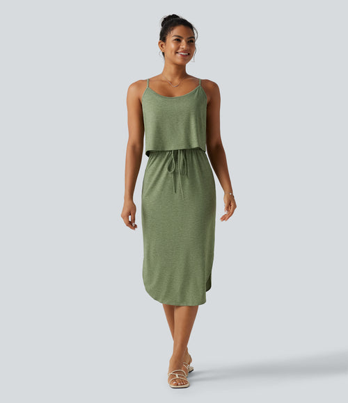 Drawstring Curved Split Hem Midi Casual Slip Dress