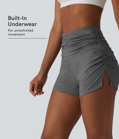 High Waisted Ruched Built-in Underwear Casual Shorts 2.5''