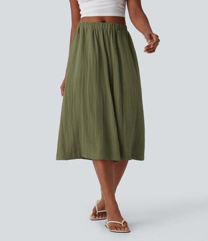 Mid Rise Wide Leg Flowy Linen-Feel Pants with Pocket