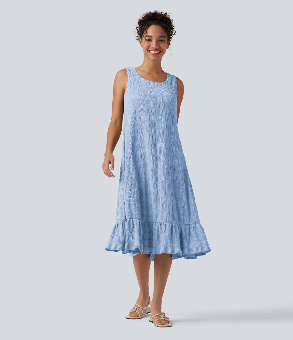 Round Neck Built-in Bra Sleeveless Ruffle Hem Midi Casual Dress