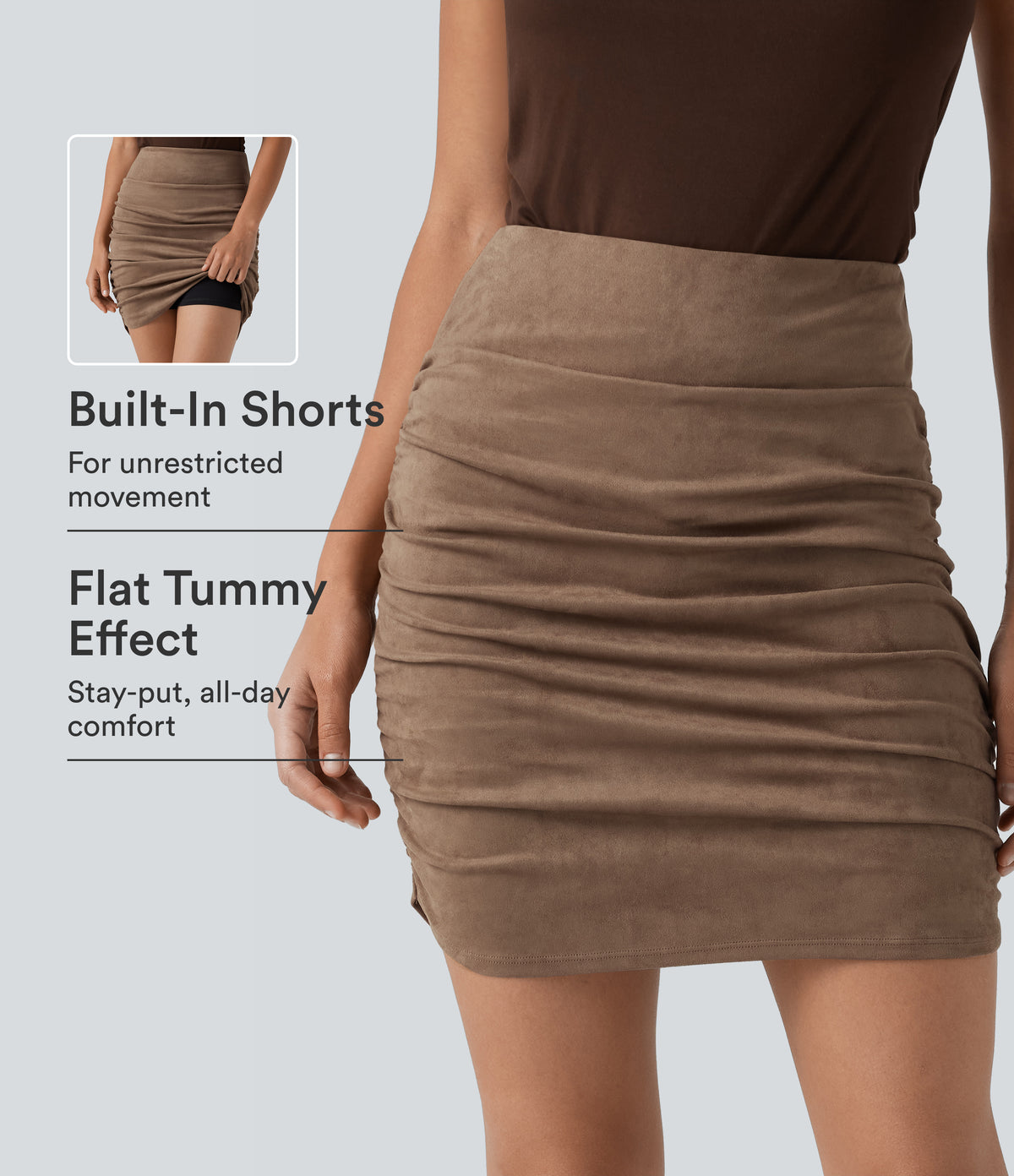 High Waisted Tummy Control Ruched Curved Hem Bodycon 2-in-1 Suede Mini Skirt-Longer Length