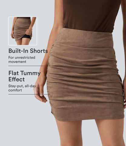 High Waisted Tummy Control Ruched Curved Hem Bodycon 2-in-1 Suede Mini Skirt-Longer Length