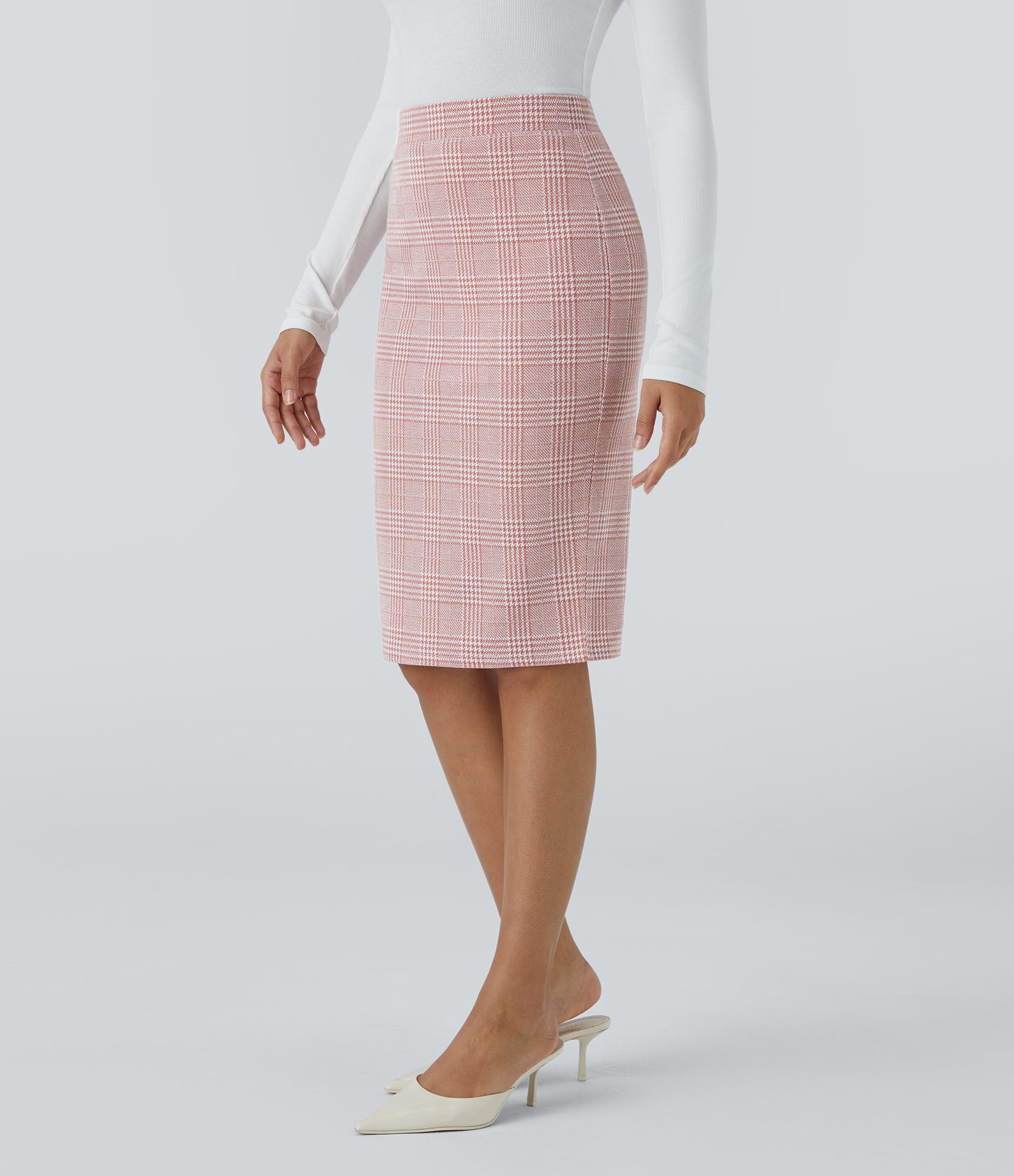 High Waisted Hem Houndstooth Plaid Work Pencil Skirt