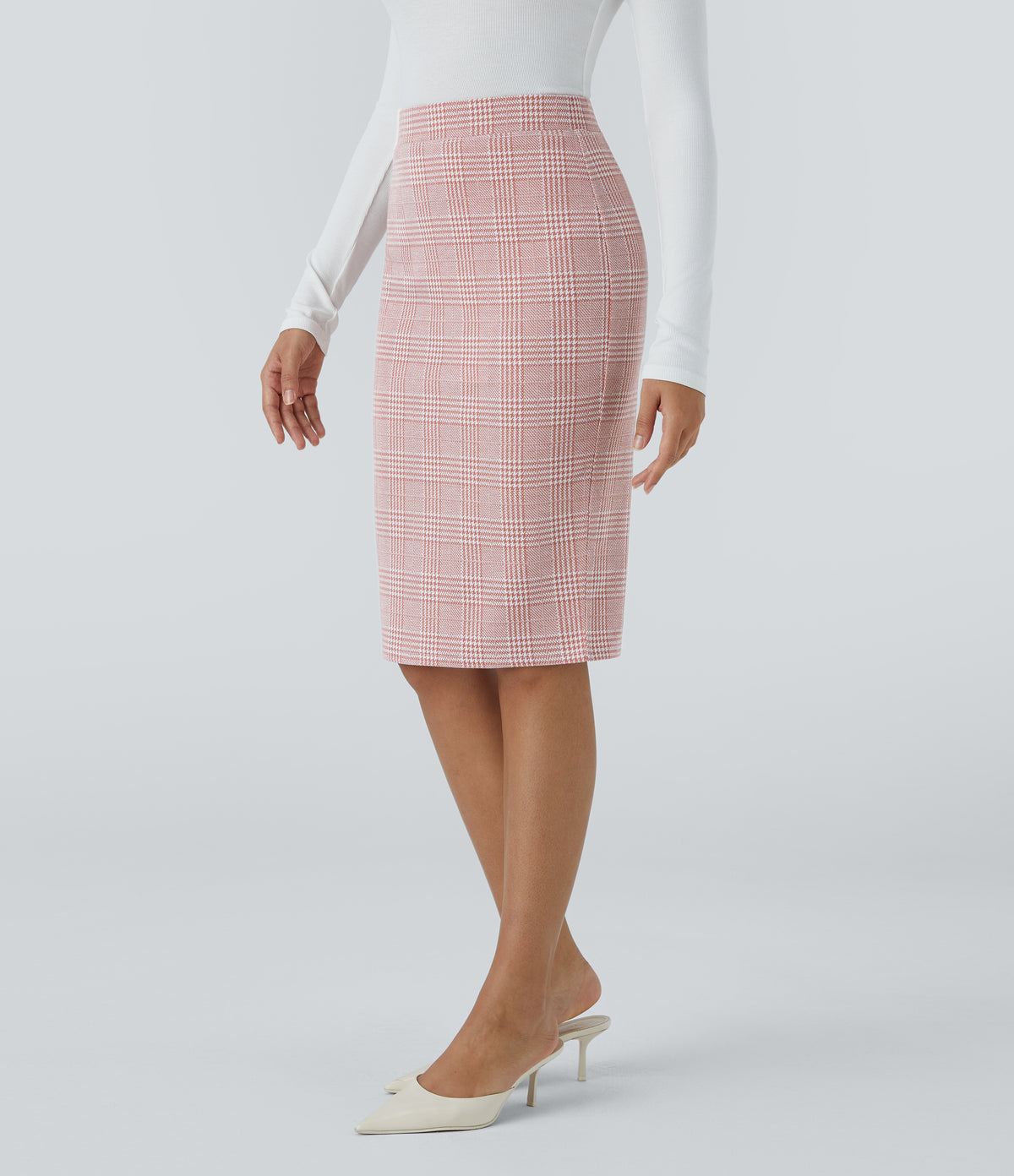 High Waisted Hem Houndstooth Plaid Work Pencil Skirt