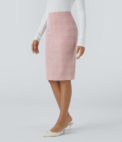 High Waisted Hem Houndstooth Plaid Work Pencil Skirt