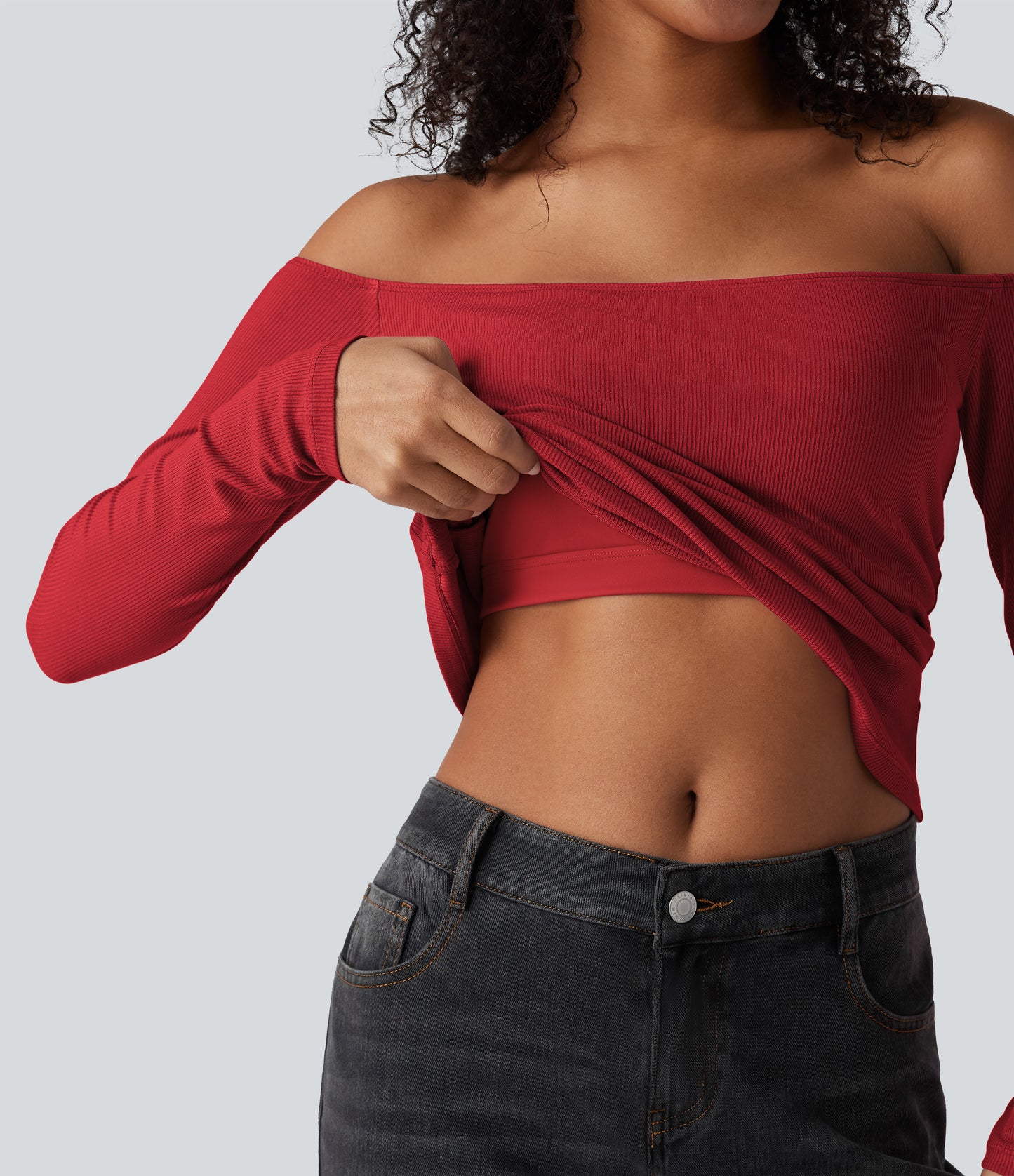 Ribbed Knit Off Shoulder Long Sleeve 2-in-1 Casual Top
