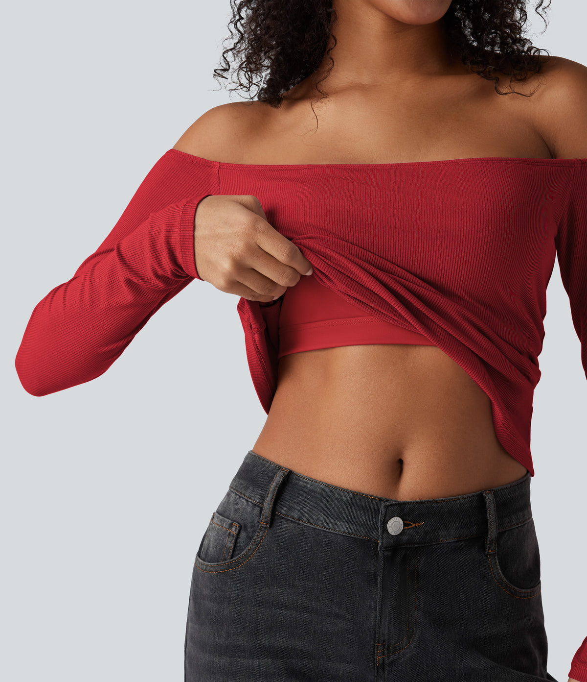 Ribbed Knit Off Shoulder Long Sleeve 2-in-1 Casual Top