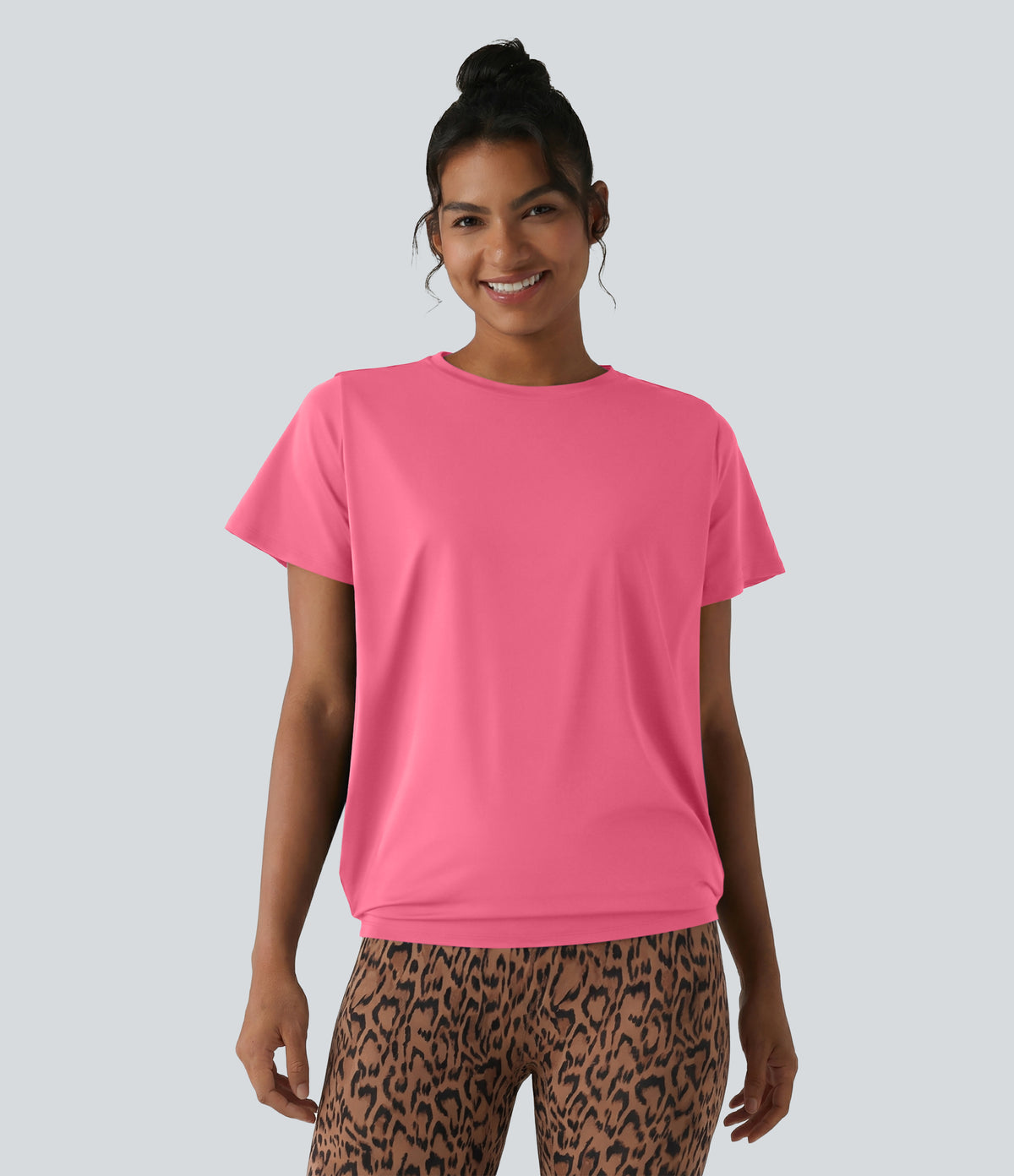 Round Neck Short Sleeve Ruched Cool Touch Yoga Sports Top-UPF50+