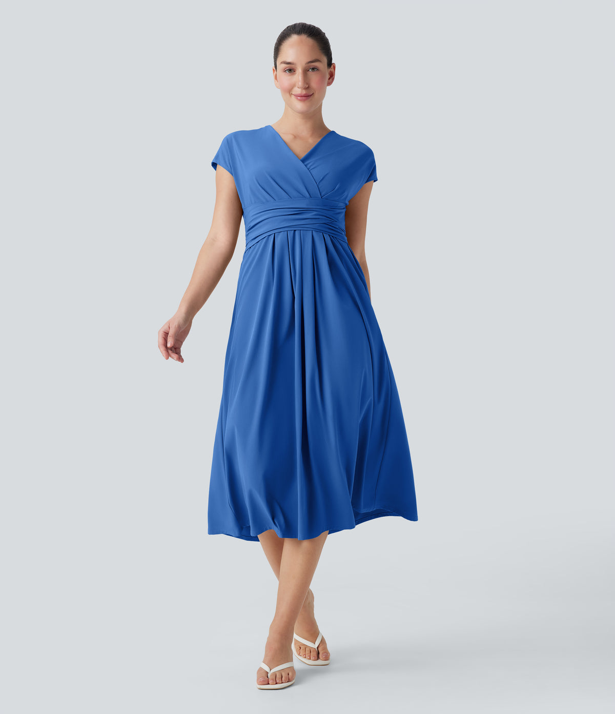 Breezeful™ V Neck Short Sleeve Pocket Tie Back Quick Dry Midi Casual Dress