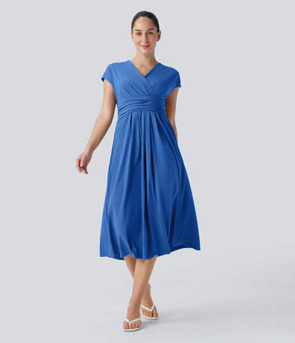 Breezeful™ V Neck Short Sleeve Pocket Tie Back Quick Dry Midi Casual Dress