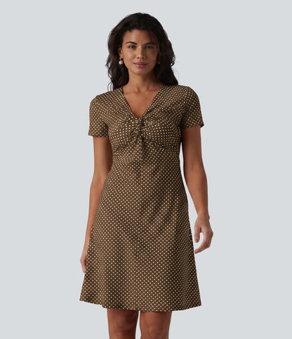 V Neck Short Sleeve Polka Dot Knee Length Casual Dress
