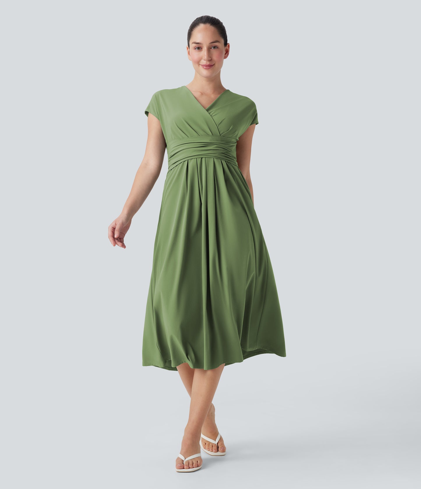 Breezeful™ V Neck Short Sleeve Pocket Tie Back Quick Dry Midi Casual Dress