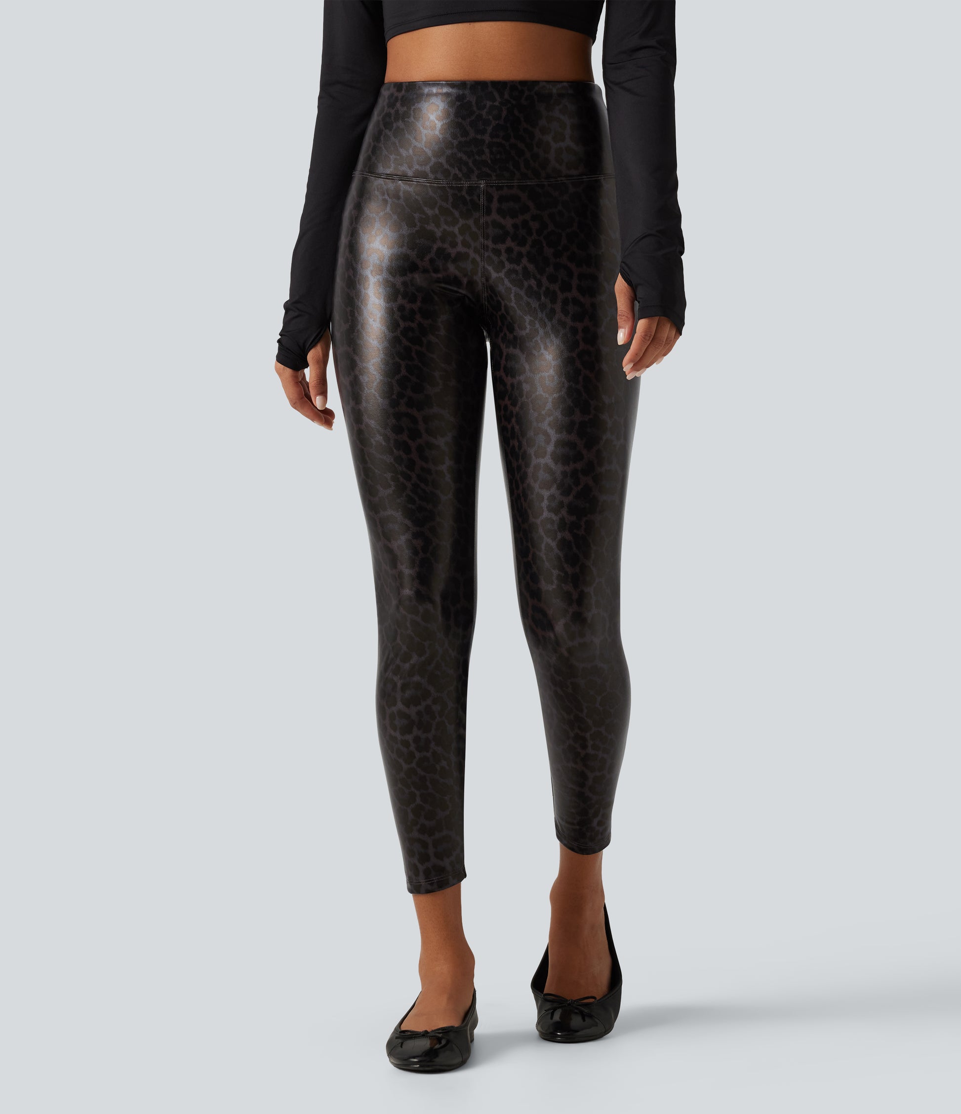 High Waisted Tummy Control Stretchy PU Leopard Print Skinny Casual Leggings with Pockets