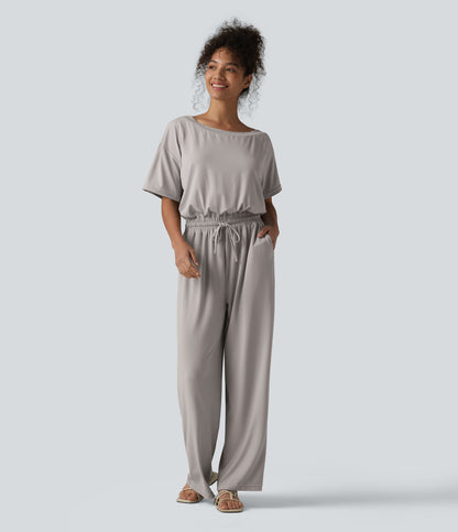Boat Neck Short Sleeve Drawstring Baggy Casual Jumpsuit with Pockets-Easy Peezy Edition