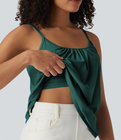 Adjustable Straps Ruched 2-in-1 Built-in Bra Casual Cami Top