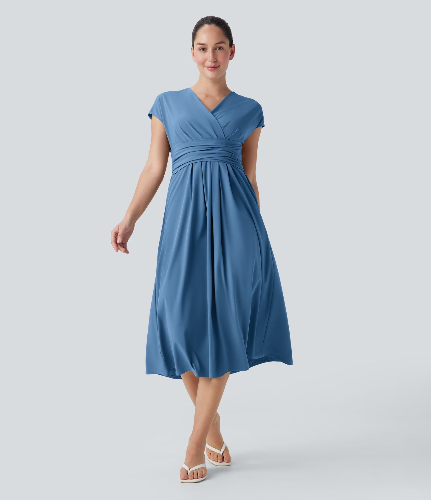 Breezeful™ V Neck Short Sleeve Pocket Tie Back Quick Dry Midi Casual Dress