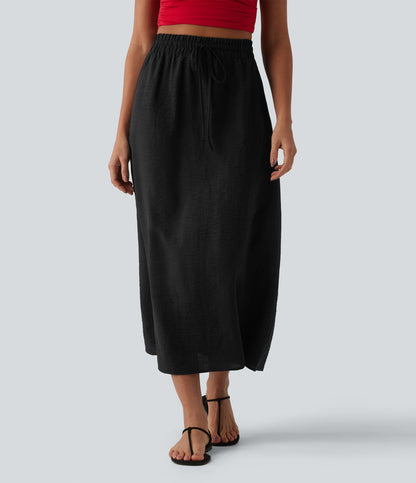 High Waisted Drawstring Maxi Linen-Feel Casual Skirt