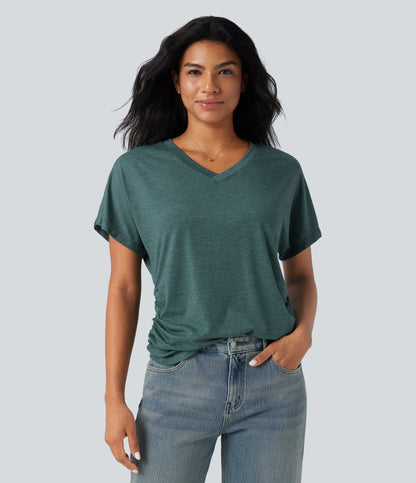 V-neck Short Sleeve Ruched Relaxed Casual Top