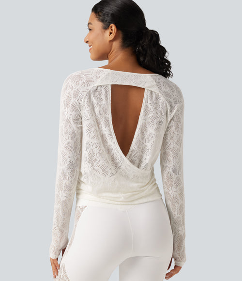 Cut Out Long Sleeve Thumb Hole Ruched Lace Yoga Sports Top