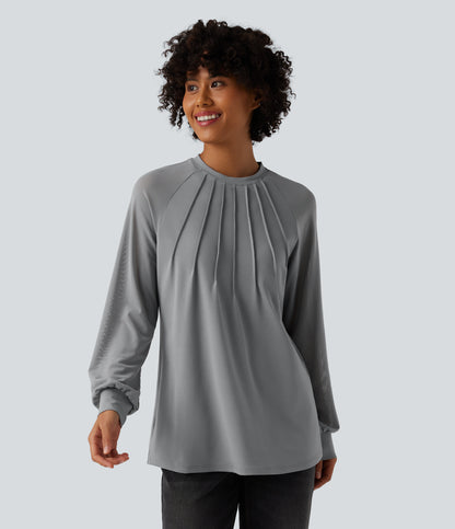 Round Neck Raglan Long Sleeve Contrast Mesh Casual Blouse