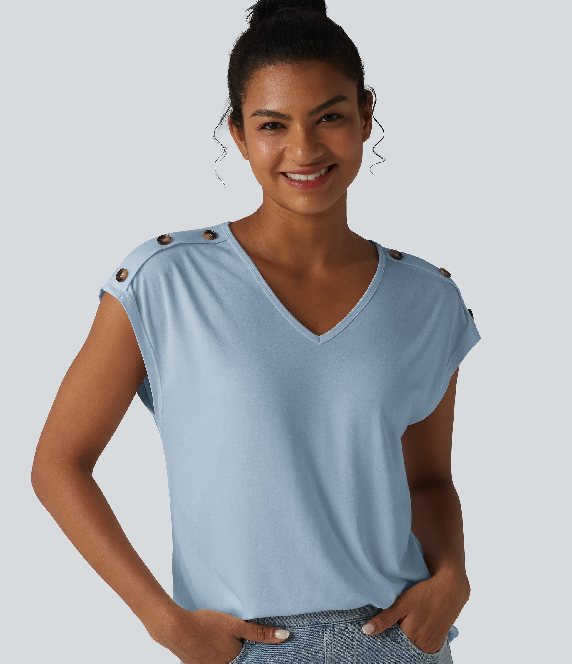 V Neck Decorative Button Cap Sleeve Relaxed Casual T-Shirt