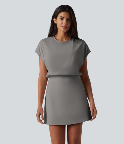 SoftlyZero™ Airy Round Neck Short Sleeve 2-in-1 InstantCool Mini Yoga Active Dress with Pockets-Easy Peezy Edition