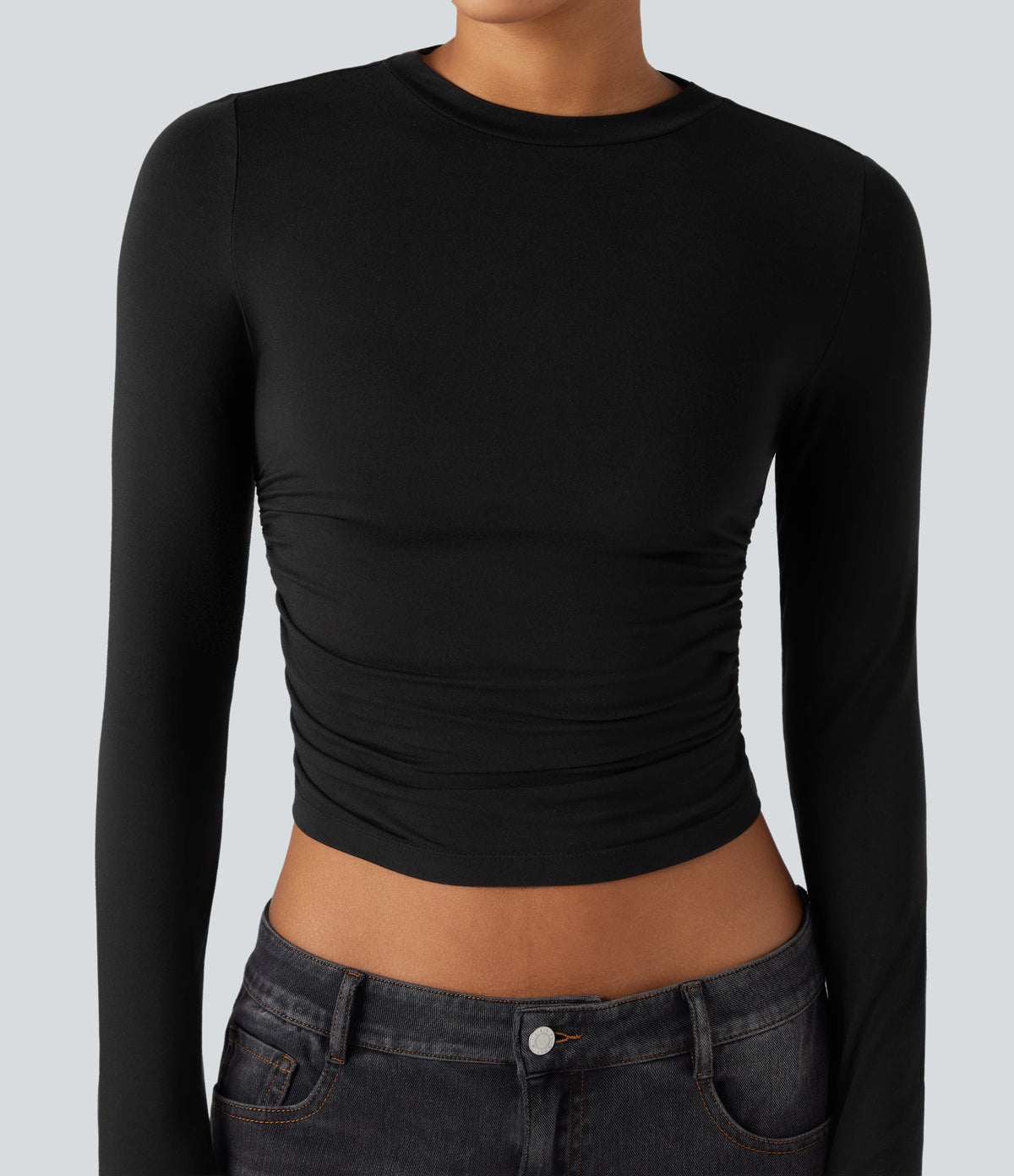 Round Neck Long Sleeve Ruched Casual Top