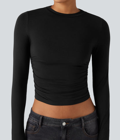Round Neck Long Sleeve Ruched Casual Top