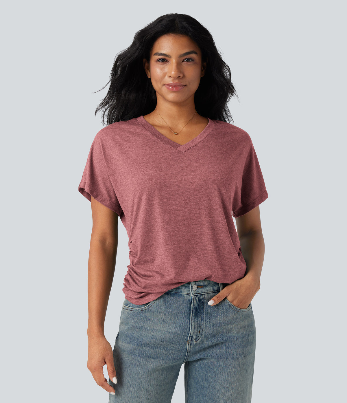 V-neck Short Sleeve Ruched Relaxed Casual Top