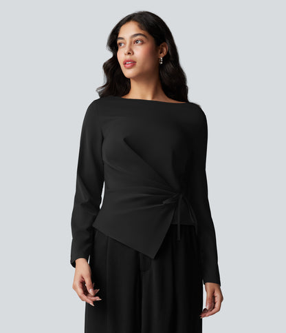 Wrinkle Recovery Boat Neck Long Sleeve Ruched Tie Work Blouse