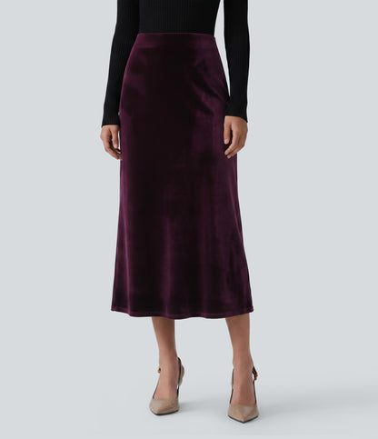 High Waisted Velvet Midi Work Skirt