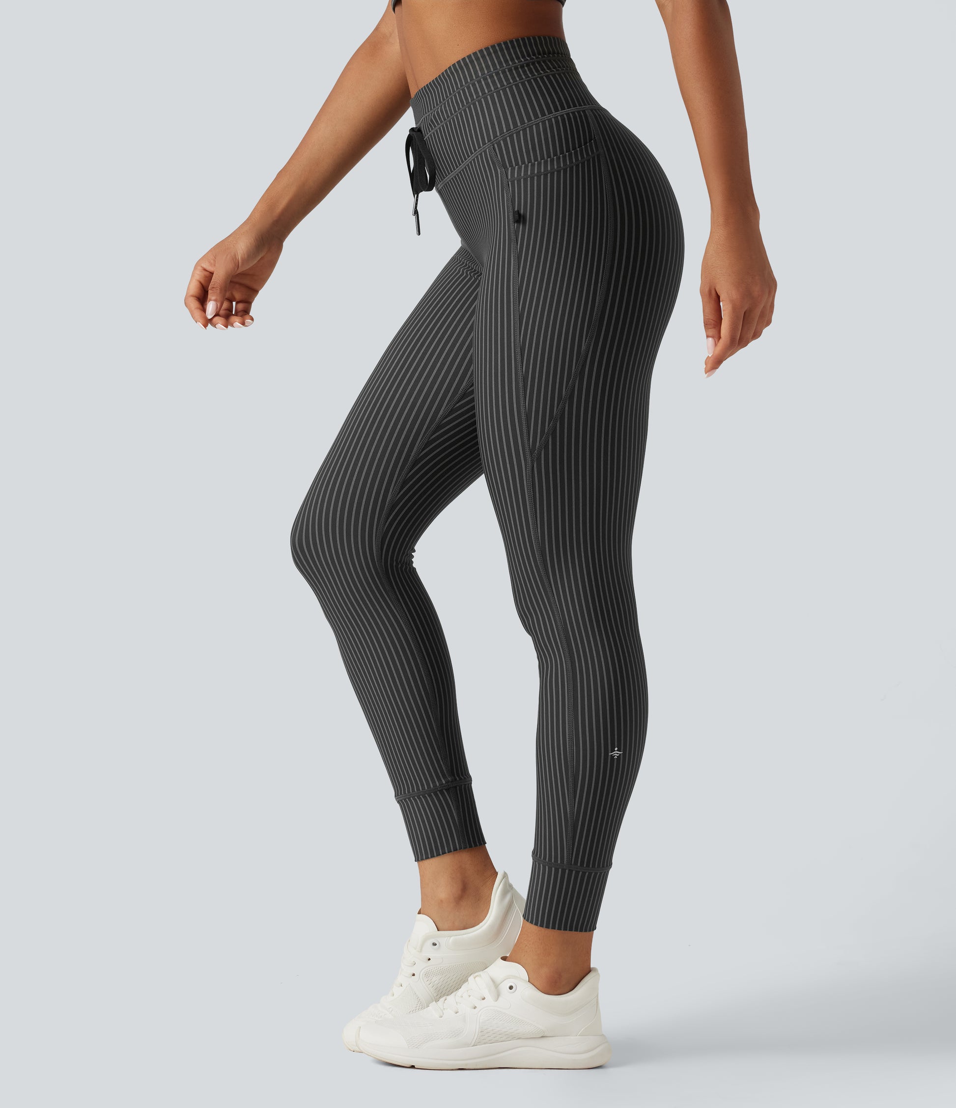 High Waisted Drawstring Stripe Yoga Leggings with Pockets