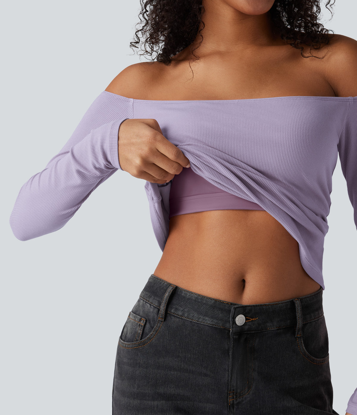 Ribbed Knit Off Shoulder Long Sleeve 2-in-1 Casual Top