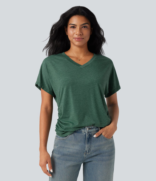 V-neck Short Sleeve Ruched Relaxed Casual Top