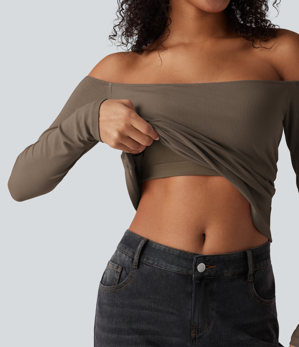 Ribbed Knit Off Shoulder Long Sleeve 2-in-1 Casual Top